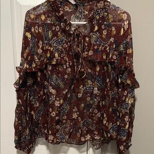 Zara Sheer Floral Paisley Blouse With Tie Collar - Burgundy with Gold accents